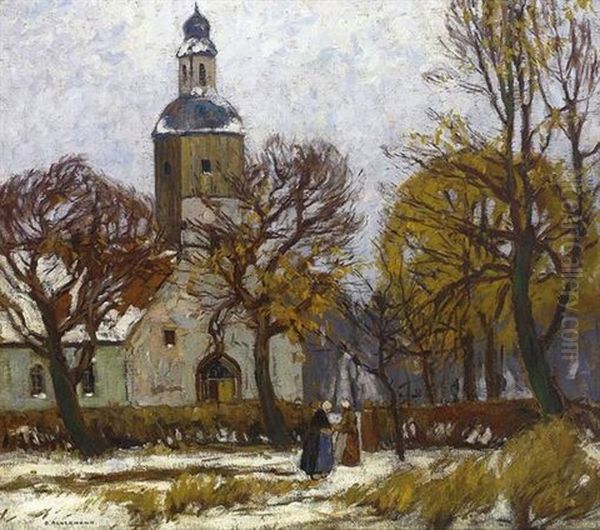 Niederrheinische Dorfkirche Mit Personenstaffage Im Winter Oil Painting by Otto Ackermann