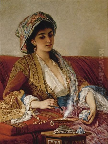 An Ottoman Beauty Oil Painting by Cesare Felix Georges dell' Acqua