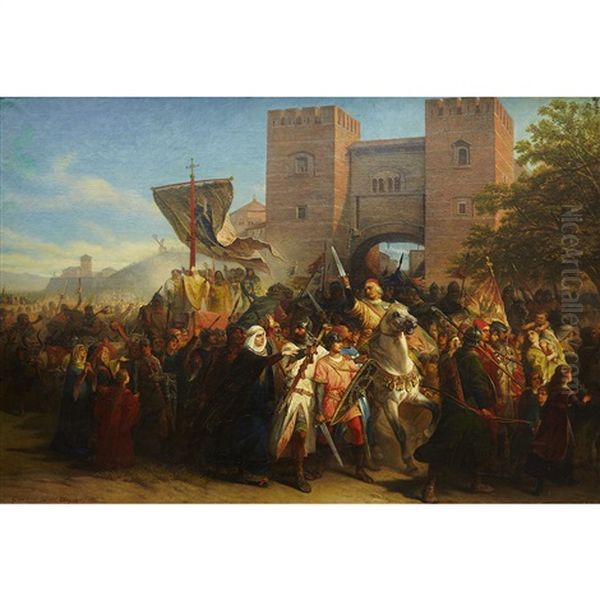 Saint Catherine Of Siena Leading Pope Gregory Xi Back To Rome Oil Painting by Cesare Felix Georges dell' Acqua