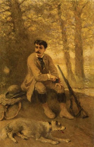 Chasseur Et Chien Au Repos Dans La Foret Oil Painting by Cesare Felix Georges dell' Acqua