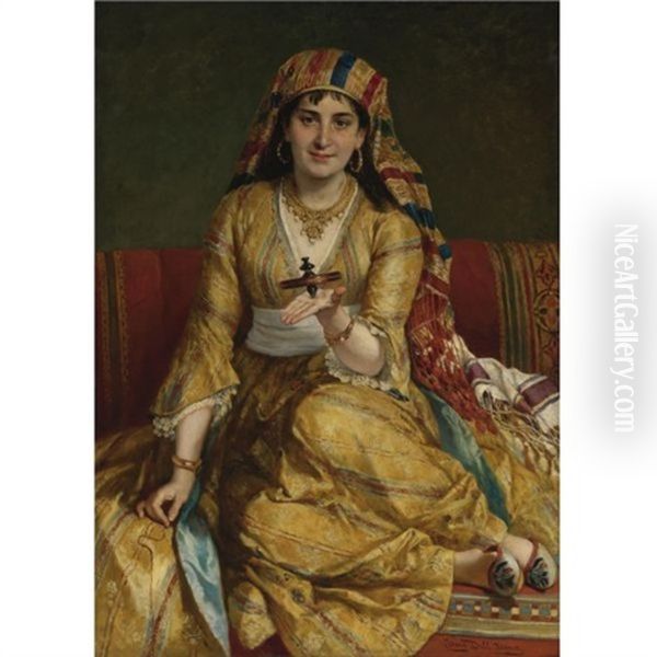 A Woman In Oriental Costume Playing With A Spinning Top Oil Painting by Cesare Felix Georges dell' Acqua