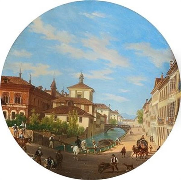 Veduta Del Naviglio Di Porta Romana Oil Painting by Giovanni Battista dell' Acqua