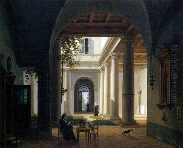 Interno Di Un Monastero Con Macchiette Oil Painting by Giovanni Battista dell' Acqua