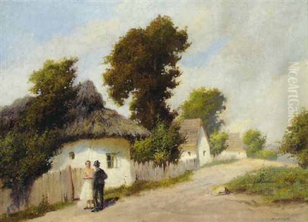 A Couple In A Village Street Oil Painting by Agoston Acs