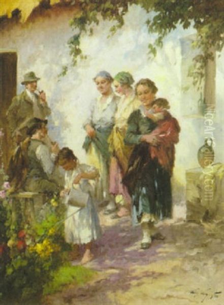 Bauernfamilie In Frohlichem Beisammensein Vor Dem Haus Oil Painting by Agoston Acs