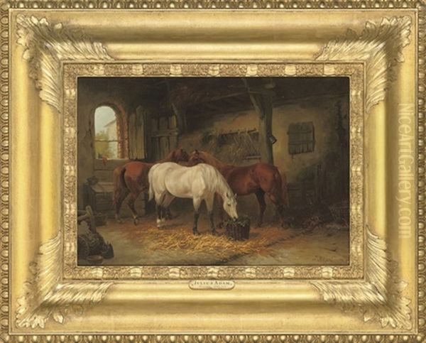 Three Horses In A Stable Oil Painting by Julius Adam the Elder