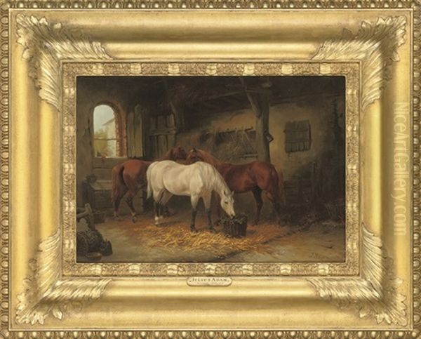 Three Horses In A Stable Oil Painting by Julius Adam the Elder