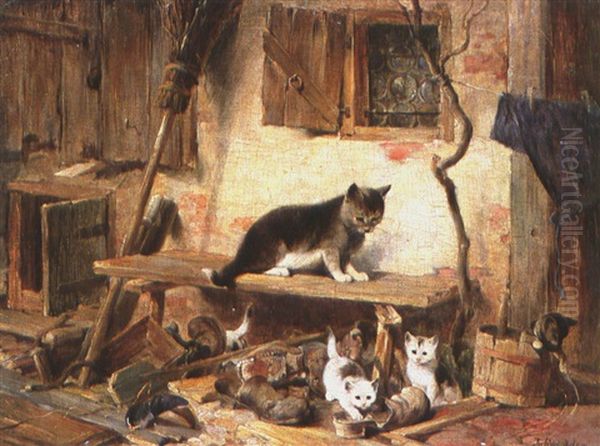 Katze Mit Vier Jungen Vor Bauernhaus Oil Painting by Julius Adam the Elder