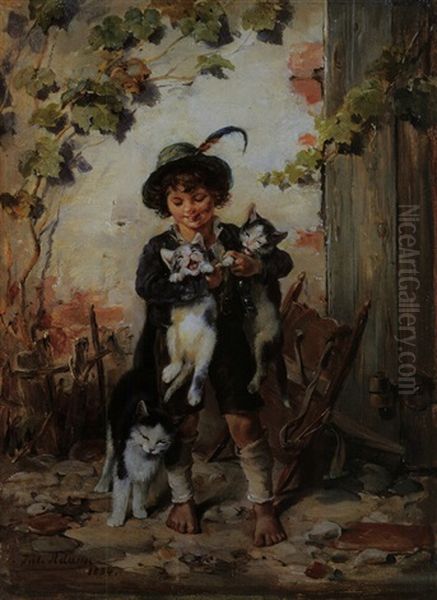 Junge Mit Drei Katzen Oil Painting by Julius Adam the Elder