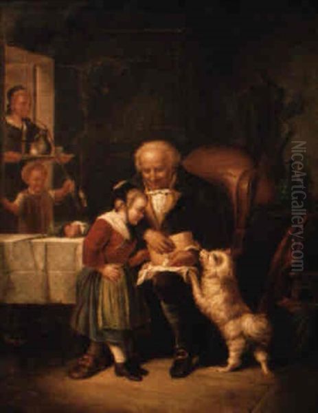 White Dog With Front Legs On Lap Of Gentleman Oil Painting by Julius Adam the Elder