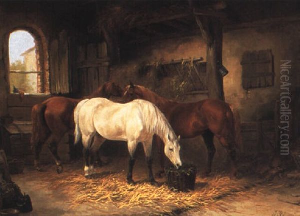 Drei Pferde Im Stall Oil Painting by Julius Adam the Elder