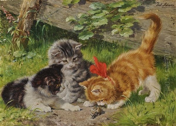 Three Kittens With A Snail Oil Painting by Julius Adam the Younger