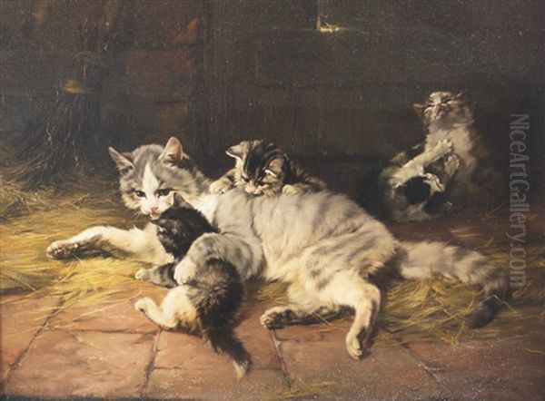 Cat Mother With Kittens Oil Painting by Julius Adam the Younger