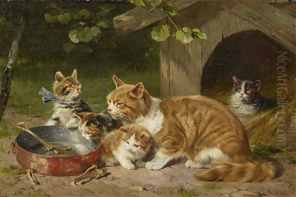 Mother Cat With 4 Kittens Oil Painting by Julius Adam the Younger