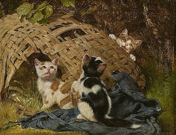 Three Kittens Playing With A Wicker Basket Oil Painting by Julius Adam the Younger