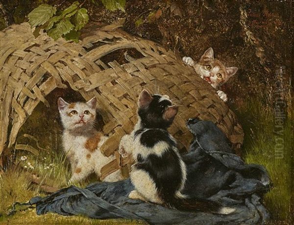 Three Kittens Playing At A Wicker Basket Oil Painting by Julius Adam the Younger