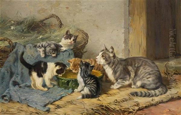 Katzenfamilie (the Cat Family) Oil Painting by Julius Adam the Younger