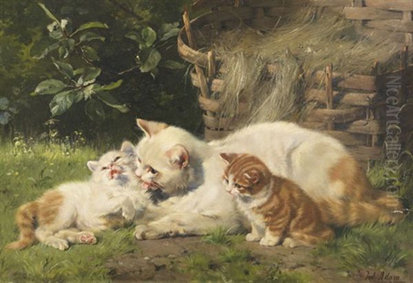 Katzenmutter Mit Ihren Beiden Jungen Oil Painting by Julius Adam the Younger