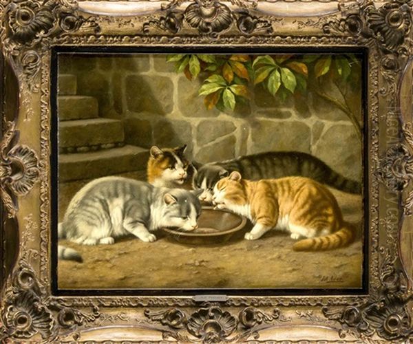 Vier Katzen Am Futternapf Oil Painting by Julius Adam the Younger