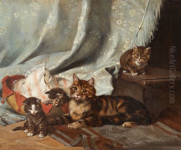 A Cat With Three Kittens Oil Painting by Julius Adam the Younger