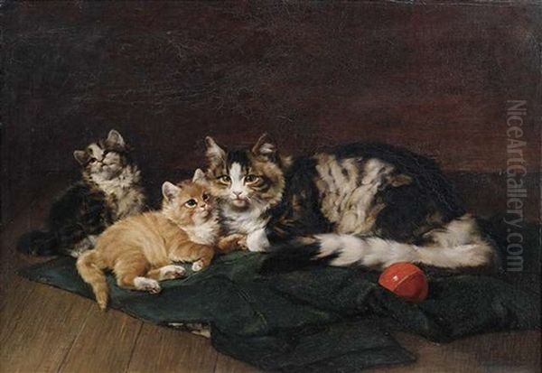 Eine Katzenmutter Ruht Mit Ihren Beiden Katzchen Auf Einer Grunen Decke Oil Painting by Julius Adam the Younger