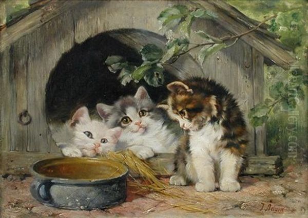 Three Kittens With A Bowl Of Milk Oil Painting by Julius Adam the Younger