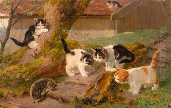 Funf Katzen Und Ein Igel Oil Painting by Julius Adam the Younger