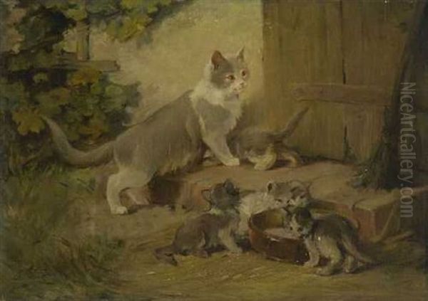 Katze Mit Ihren Jungen Vor Der Ture Oil Painting by Julius Adam the Younger