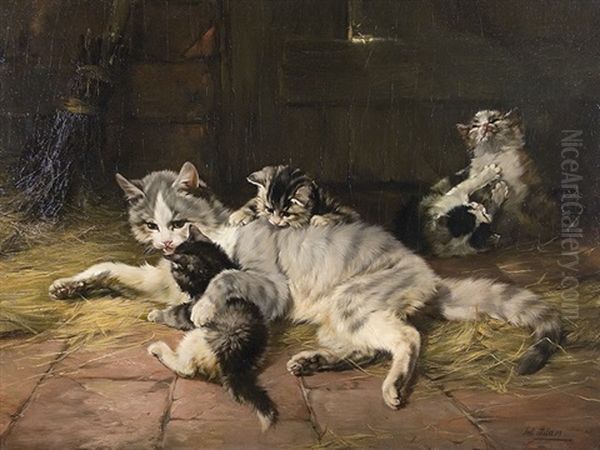 Cat Family Oil Painting by Julius Adam the Younger