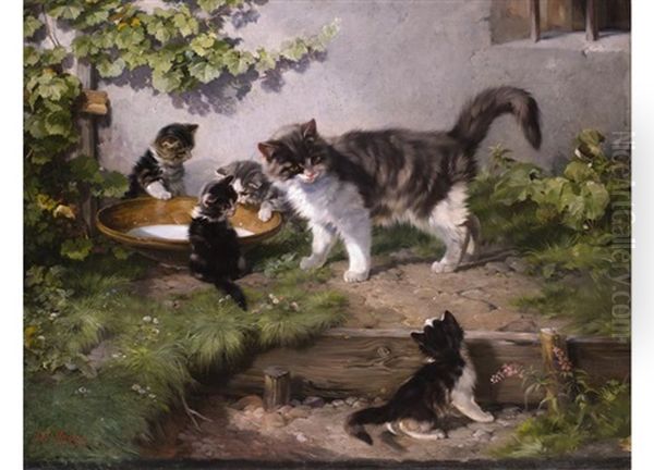 Katze Mit Ihren Jungen An Der Milchschussel Oil Painting by Julius Adam the Younger