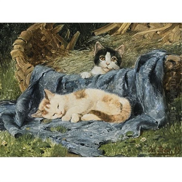 Two Kittens Oil Painting by Julius Adam the Younger