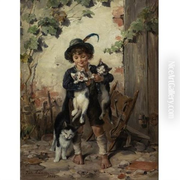 Young Boy With Three Cats Oil Painting by Julius Adam the Younger