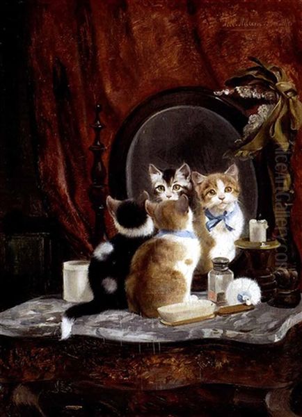 Zwei Katzchen Auf Einem Toilettisch Vor Einem Spiegel Sitzend Oil Painting by Julius Adam the Younger