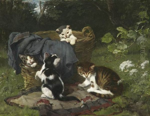 Vier Kleine Katzchen Mit Einer Hummel Spielend Oil Painting by Julius Adam the Younger