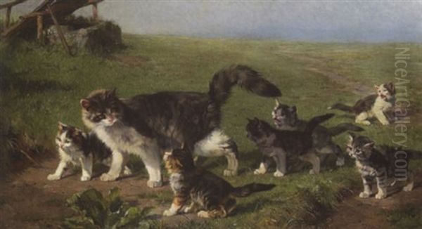 Katzenmutter Mit Ihren Jungen Auf Der Wiese Oil Painting by Julius Adam the Younger