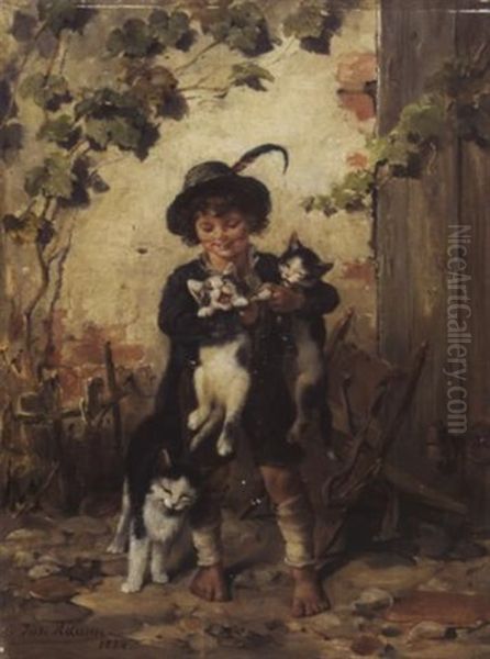 Trachtenjunge Mit Drei Katzen Oil Painting by Julius Adam the Younger