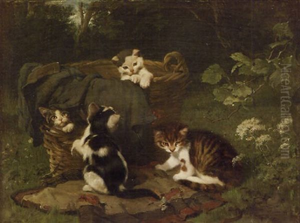 Playful Kittens Oil Painting by Julius Adam the Younger