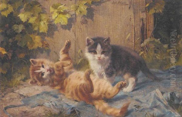 Kittens At Play Oil Painting by Julius Adam the Younger