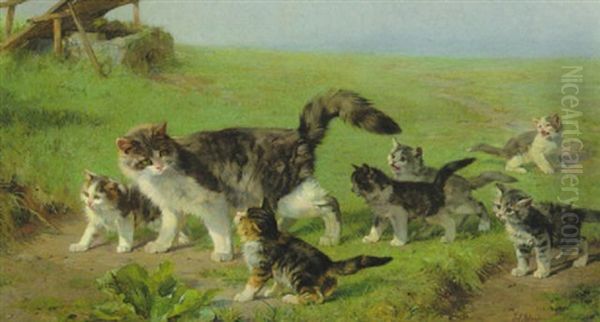 Katzenmutter Mit Jungen Auf Sommerwiese Oil Painting by Julius Adam the Younger