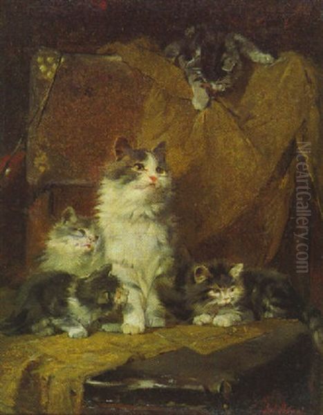 Katze Mit Vier Jungen Auf Einem Stuhl, Uber Dessen Lehne Und Sitz Ein Tuch Hangt Oil Painting by Julius Adam the Younger