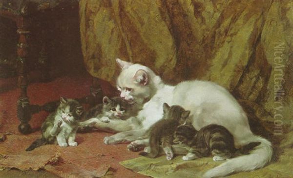 Katze Mit Vier Jungen Auf Einem Alten Teppich Vor Einem Vorhang Oil Painting by Julius Adam the Younger