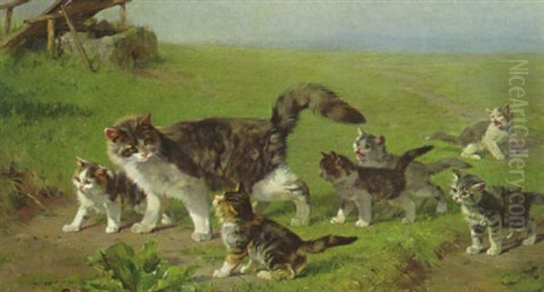 Katze Mit Sechs Jungen Auf Der Wiese Im Sonnenlicht Oil Painting by Julius Adam the Younger