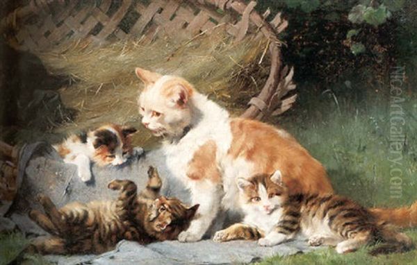 Katt Med Lekande Kattungar Vid Korg Oil Painting by Julius Adam the Younger