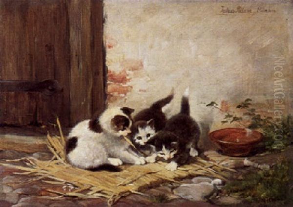 Drei Spielende Katzchen Auf Einer Schilfmatte Bei Einem Futternapf Oil Painting by Julius Adam the Younger