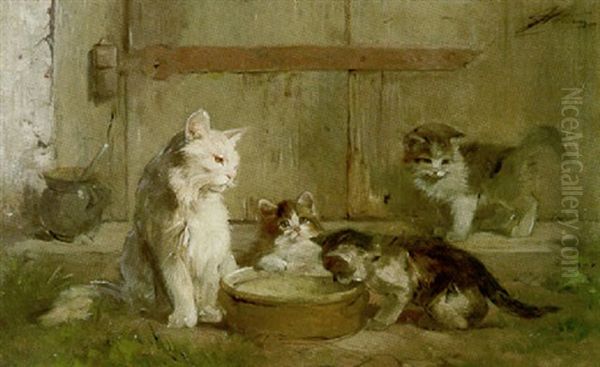 Katze Mit Drei Jungen Am Futternapf Oil Painting by Julius Adam the Younger