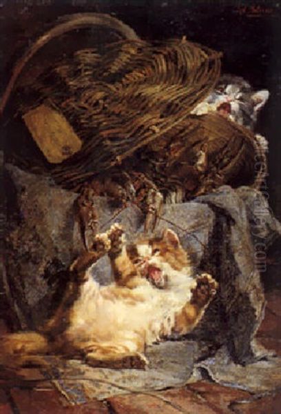 Zwei Katzchen An Einem Hummerkorb Oil Painting by Julius Adam the Younger