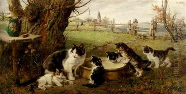 Thirsty Kittens Oil Painting by Julius Adam the Younger