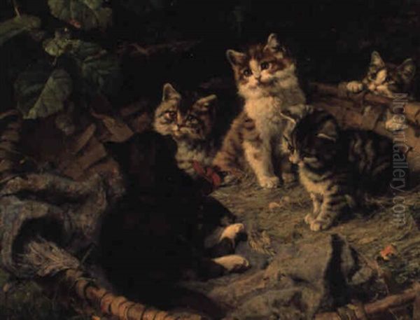 Kittens Frolicking In A Basket Oil Painting by Julius Adam the Younger