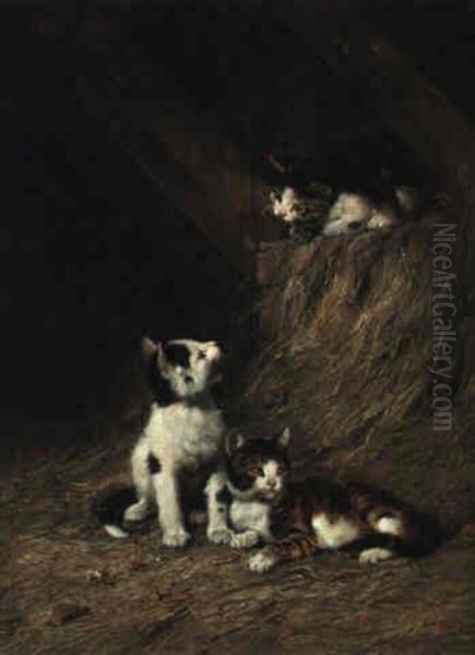 Drei Katzen Auf Dem Heuboden Oil Painting by Julius Adam the Younger