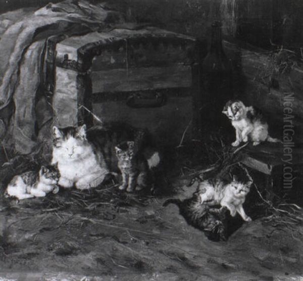 Katzenmutter Mit F_nf Jungen Im Stall Oil Painting by Julius Adam the Younger